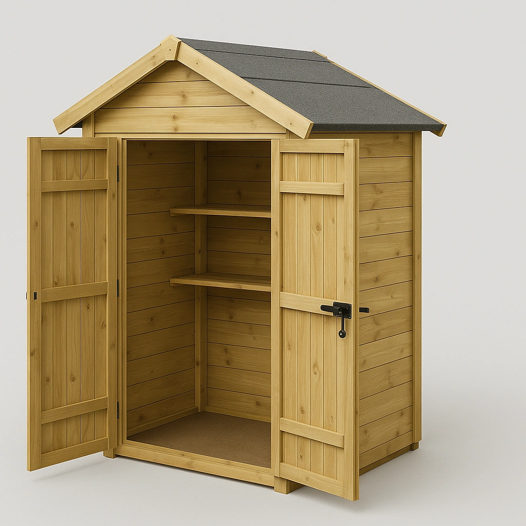 Abri de jardin en bois naturel avec toit gris et étagères 120 x 80 x 180 cm