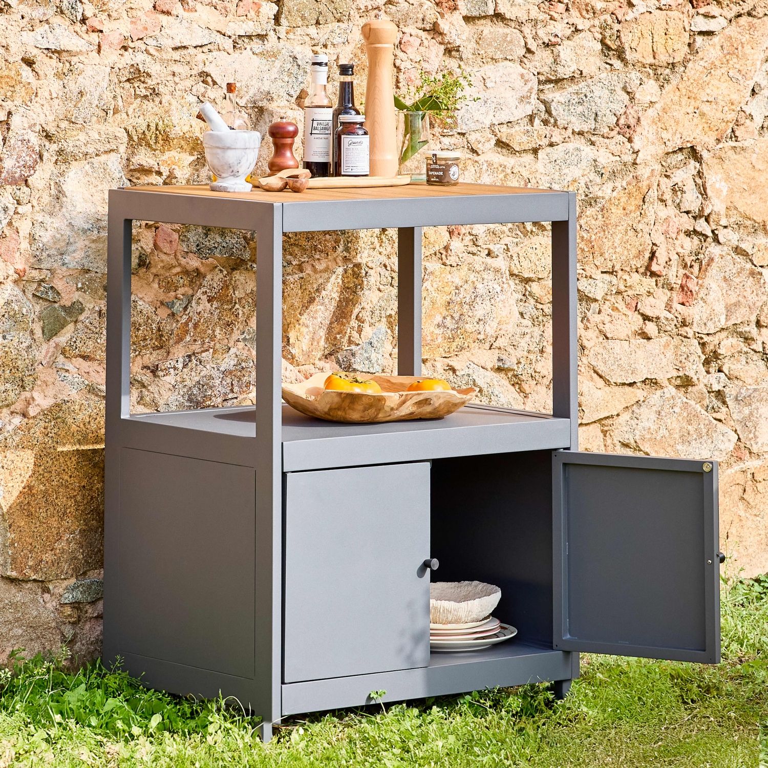 Außenküche aus Aluminium und Polywood mit 2 Türen, Anthrazit