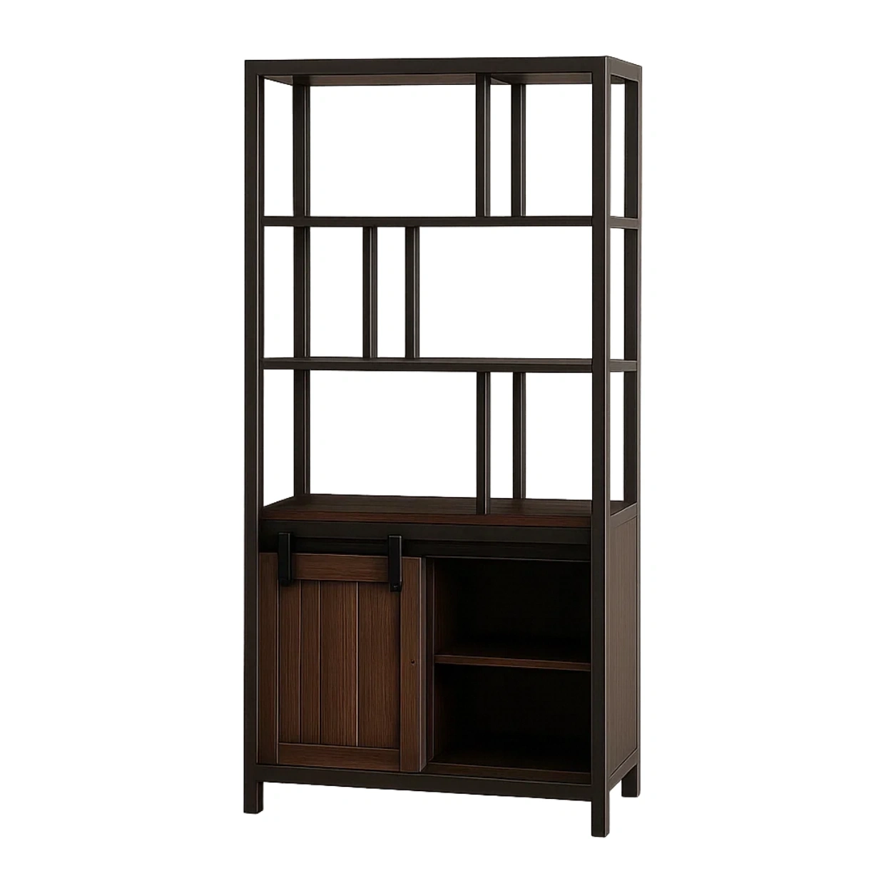 Bibliothèque en bois foncé, structure métallique, porte coulissante, montage facile, idéale pour le salon ou le bureau, 90 x 30 x 180 cm - vGRpKimE8KRd