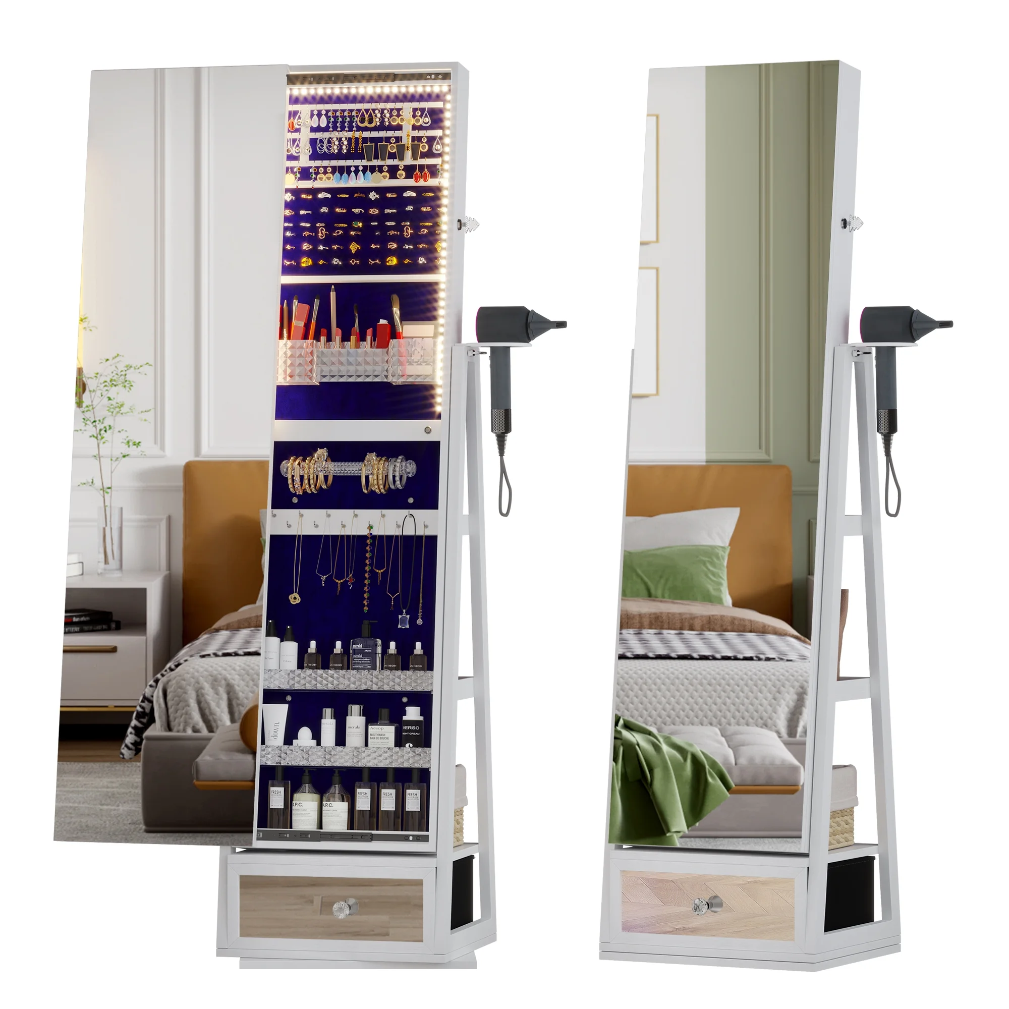 LVSOMT 360° drehbare Schmuckschatulle mit Beleuchtung – Freistehender Organizer mit Ganzkörperspiegel, Schloss und viel Stauraum – Weiß