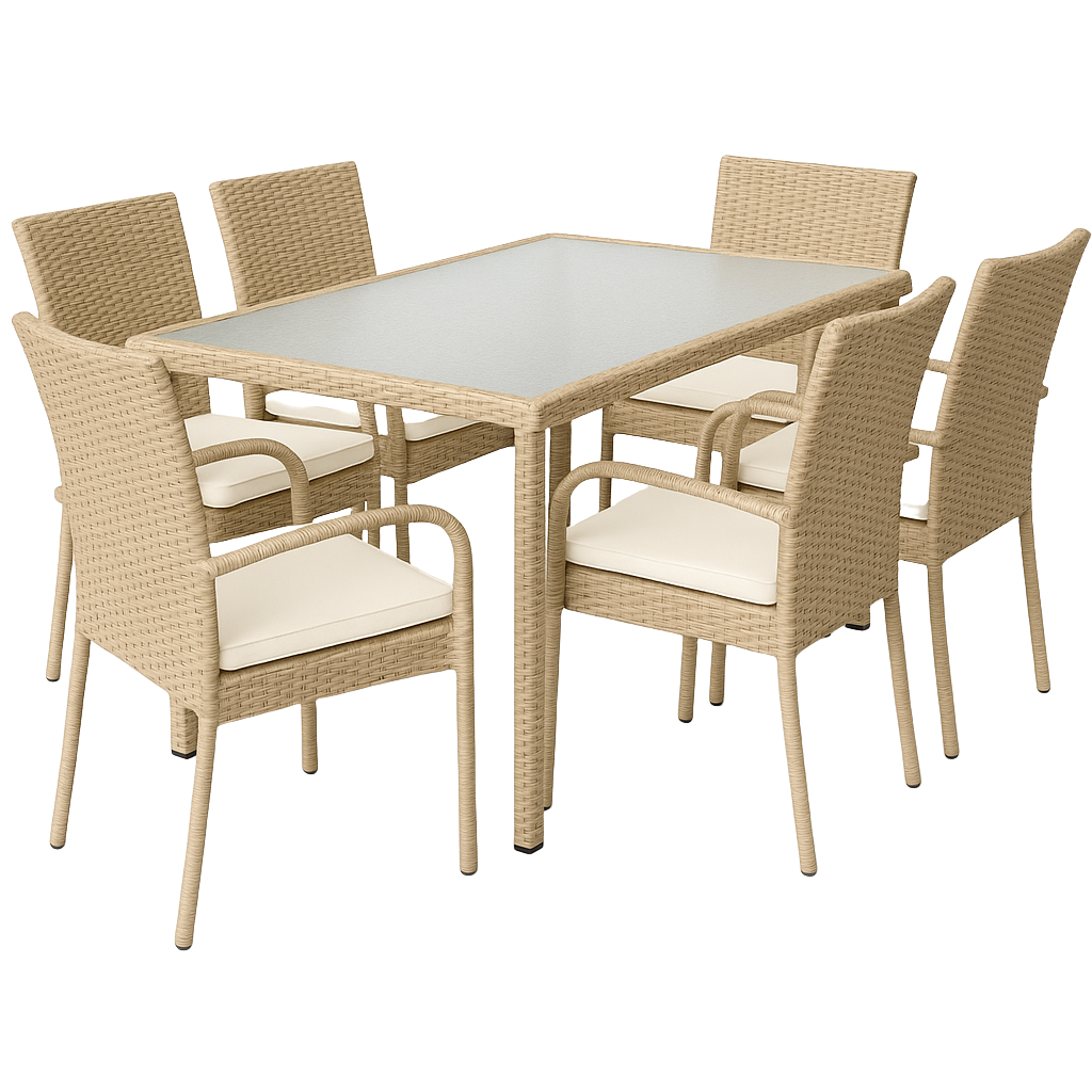 Ensemble de jardin extérieur 7 pièces avec table et chaises en rotin beige