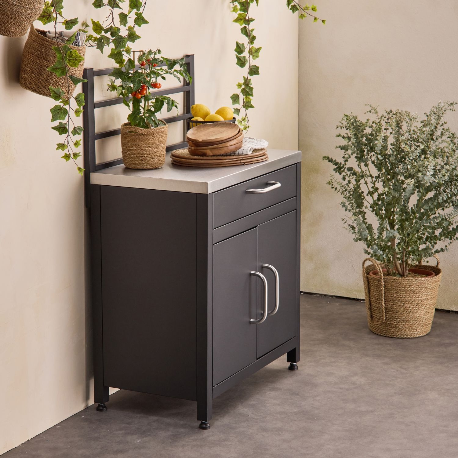 Stahl-Außenküche mit 1 Schublade und 2 Türen, 80 cm, Schwarz