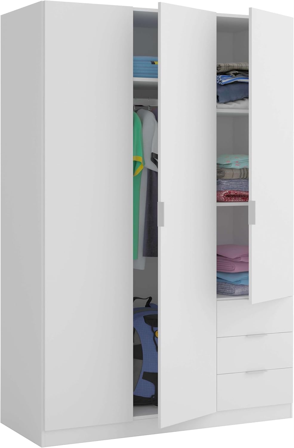 Habitdesign Kleiderschrank mit drei Türen und drei Schubladen, Ausführung: Arctic White, Maße: 121 cm (B) x 180 cm (H) x 52 cm (T)