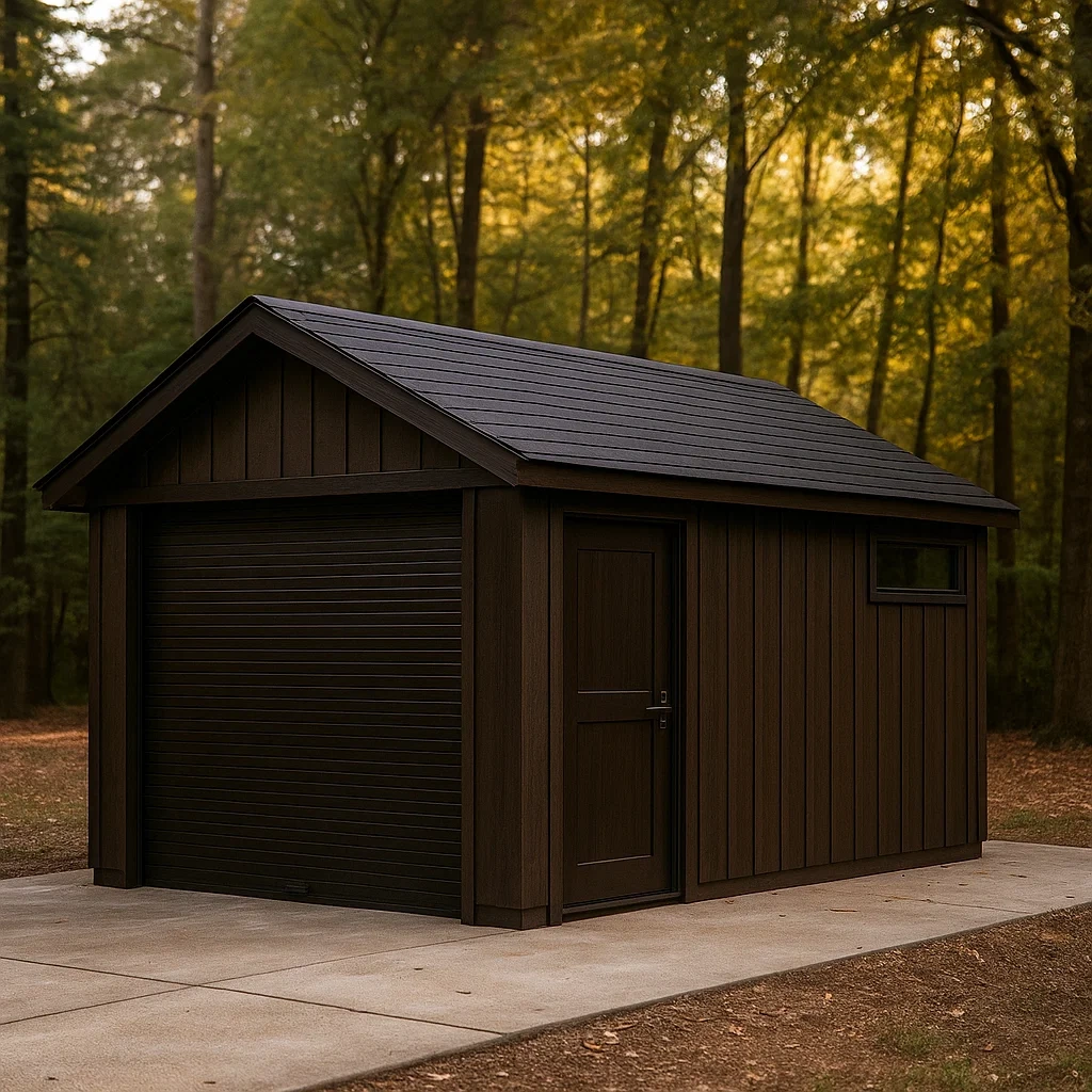 Garage rectangulaire en résine brune avec toit en pente, installation fixe, 550 x 300 x 250 cm, usage extérieur - o4TyLPWfc6fU