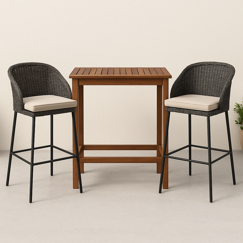 Ensemble bar de jardin : table en bois avec 2 tabourets en rotin et coussins beiges pour une utilisation en extérieur