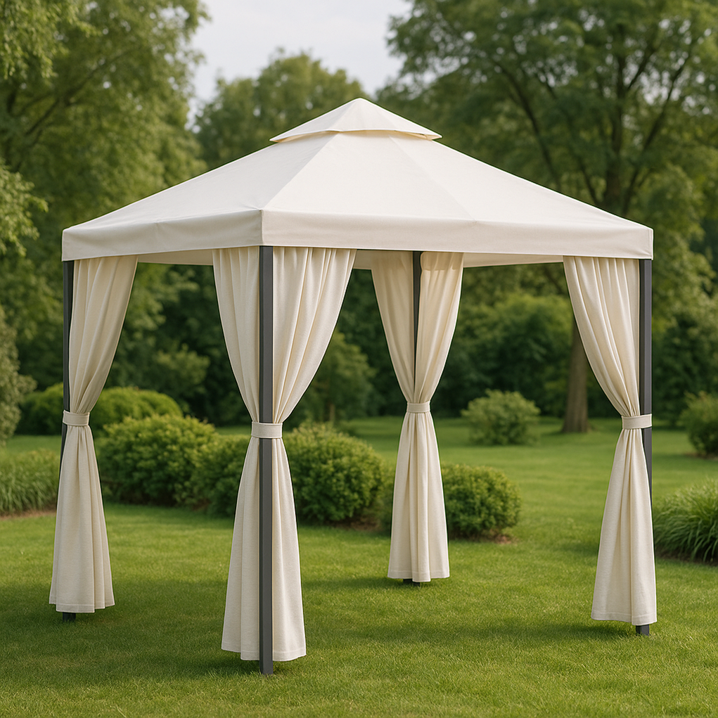 Gazebo d'extérieur carré avec rideaux 300x300x270 cm beige SPEiyGg412zr