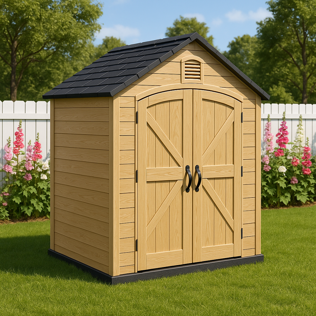 Abri de jardin en bois, abri de rangement, bois composite, extérieur, couleur bois, 140×120×200cm