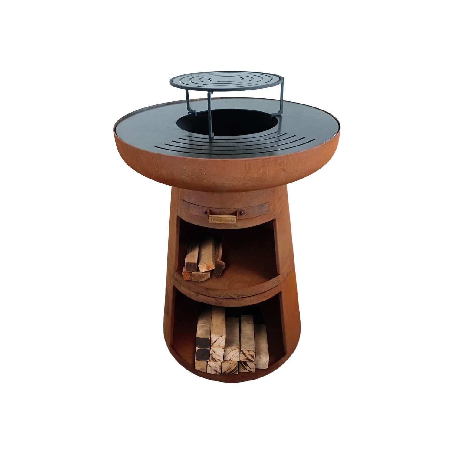 Runder Grill mit runder Stahlgrillplatte und Grillrost