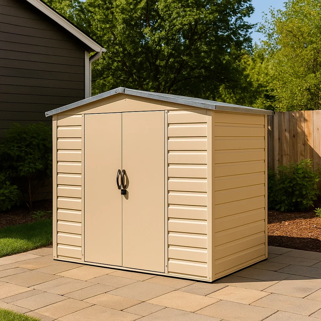 Abri de jardin rectangulaire en métal beige, toit en pente, fixation murale, 195 x 175 x 220 cm, pour usage extérieur - XjS5zE0Iw4N7