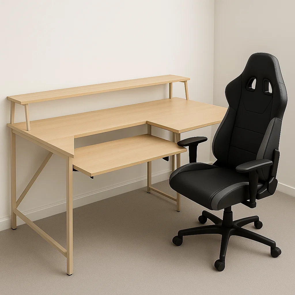 Bureau d'ordinateur en bois naturel avec structure en métal, étagère supérieure, 150 x 60 x 100 cm, pour bureau ou espace de travail, chaise de bureau noire incluse - SYkFz57aSgKf