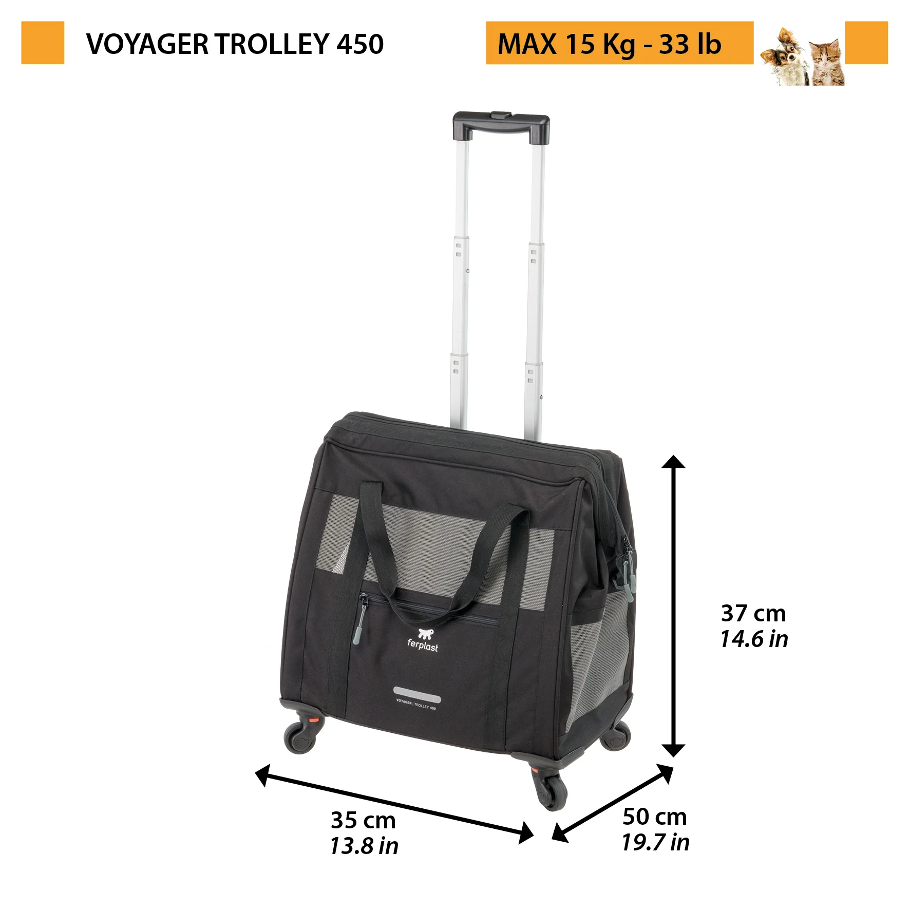 2025 Voyager Trolley von Ferplast – Stilvoller und leichter Trolley aus Kunstleder für Katzen und kleine Hunde bis 15 kg. Mit Rädern, Netzfenstern und Sicherheitsgurt – ideal für komfortables Reisen.