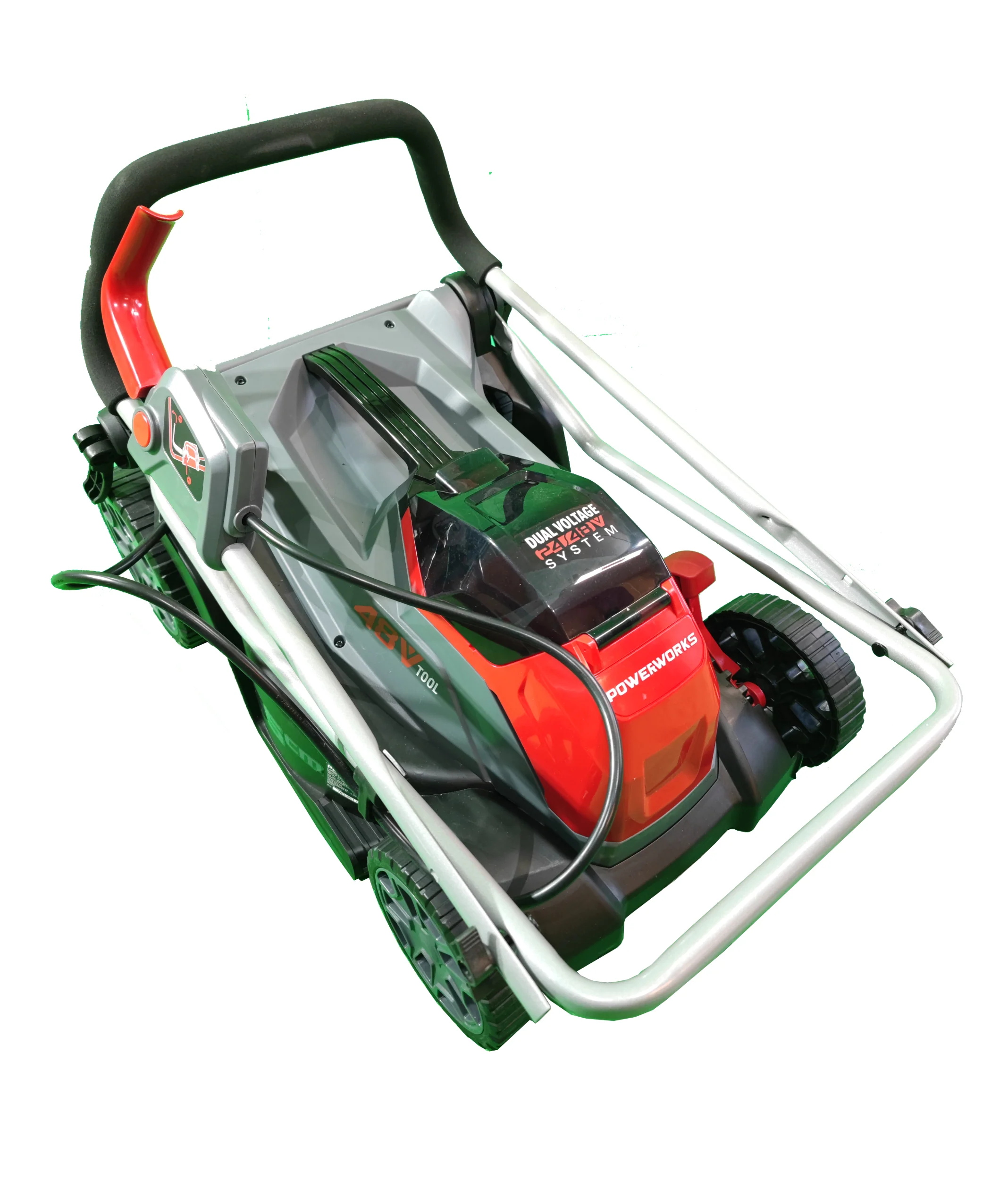 Powerworks P48LM35K2 Akku-Rasenmäher 2025, 48 V. 48 V/2 Ah Akku und Ladegerät im Lieferumfang enthalten.
