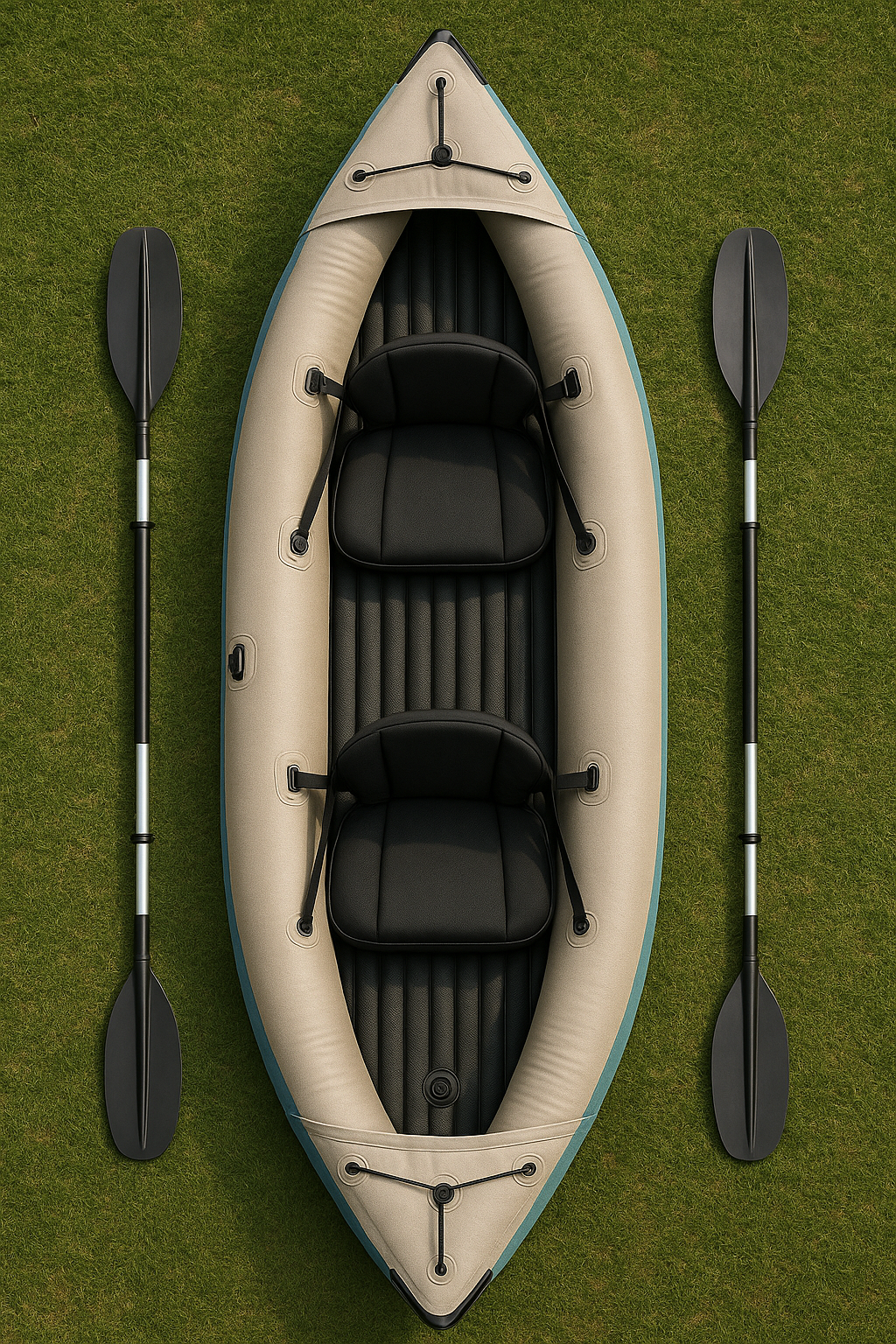 Kayak gonflable beige et noir en PVC, idéal pour les lacs et les rivières, dimensions : 376 x 77 x 34 cm, référence OGYieiD509gO