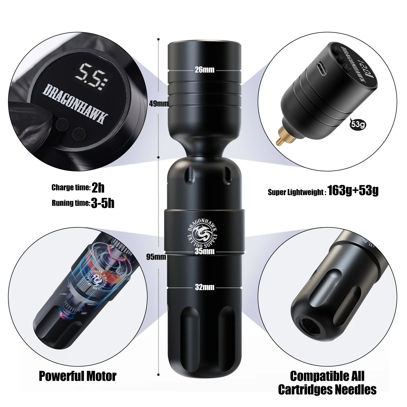 Dragonhawk S8 Akku-Tätowiermaschinen-Set mit 3,5 mm Hub