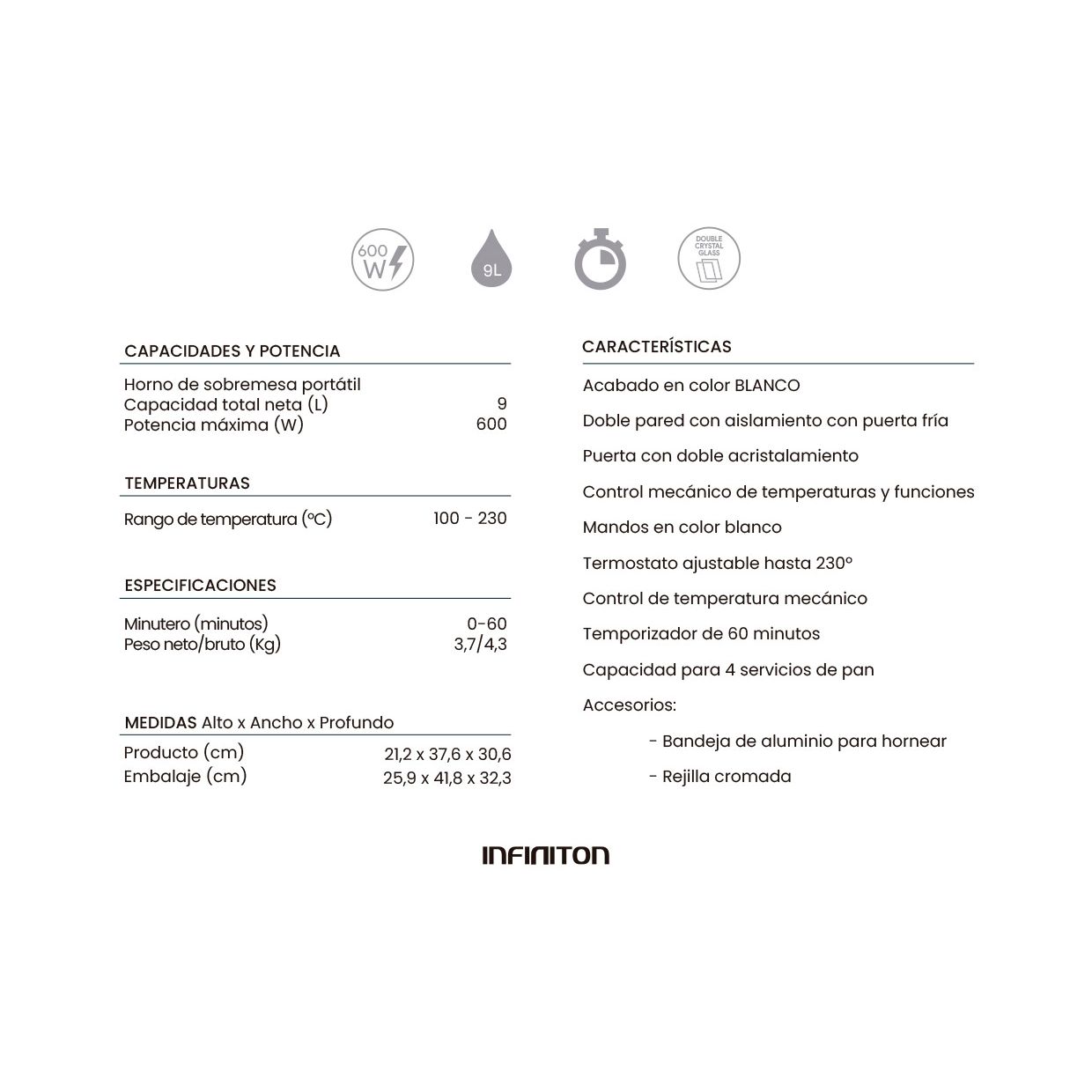 Infiniton HSM-A9B – Tischbackofen, Weiß, 9 l, 600 W, Doppelverglasung, Temperaturregelung, 60-Minuten-Timer.