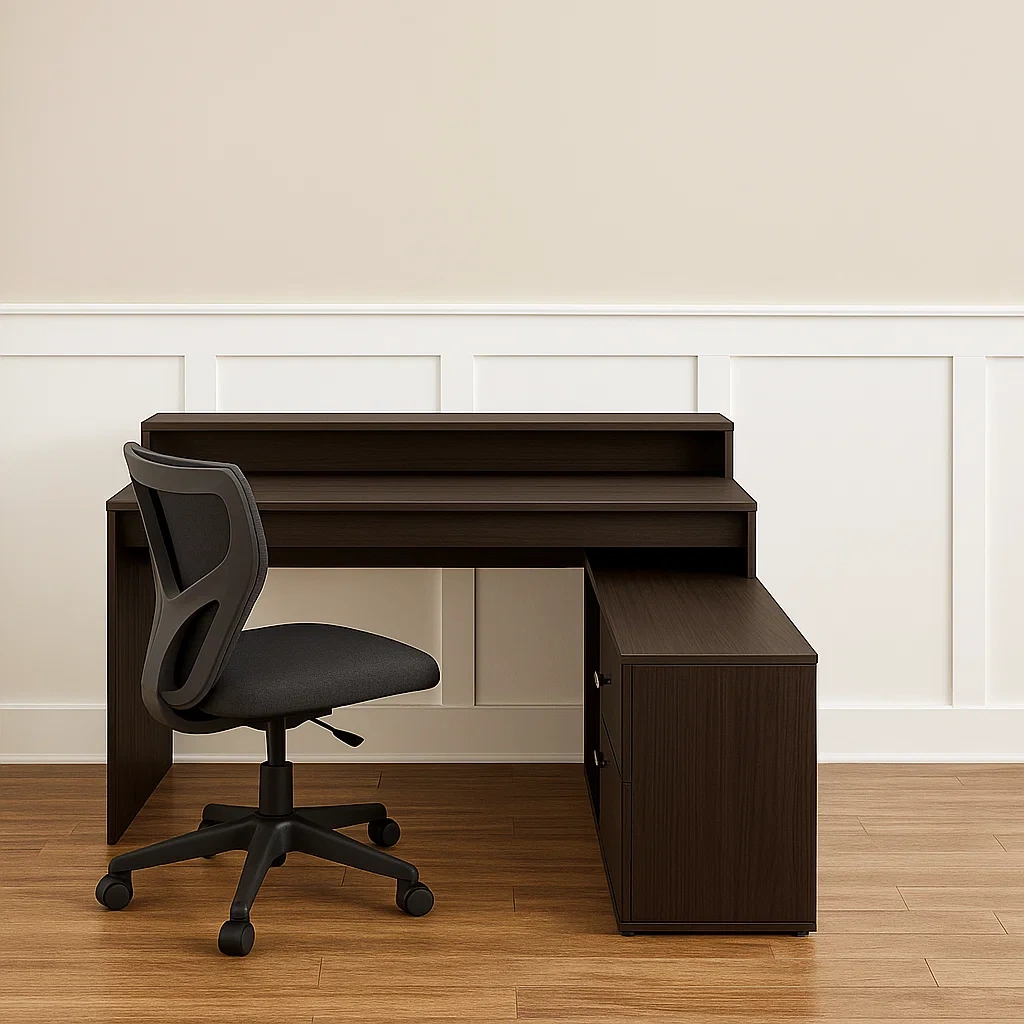 Bureau d'ordinateur en MDF marron foncé, avec étagère supérieure et tiroirs latéraux, autoportant, 120 x 50 x 75 cm, pour bureau et espace de travail - YpB3h9epFuuE