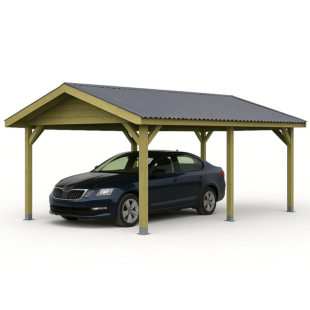 Abri de voiture pergola, structure en bois vert avec toit en métal, 700 x 300 x 300 cm