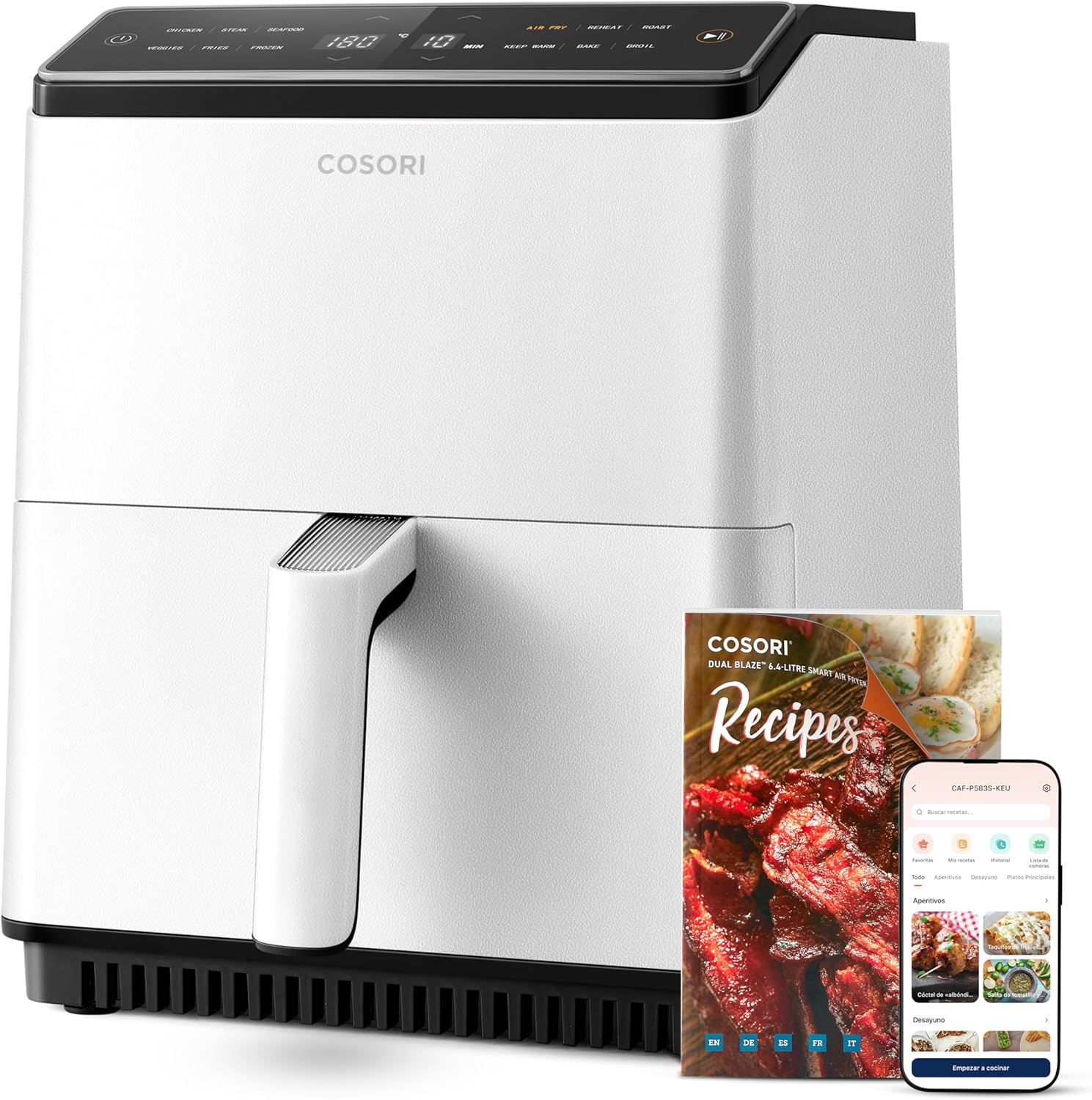 COSORI 6,4-Liter-Heißluftfritteuse, ölfrei, Doppelheizung, kein Umrühren oder Vorheizen erforderlich, mit spanischen Rezepten und 12 Programmen, Dunkelgrau, Modell CAF-P583S