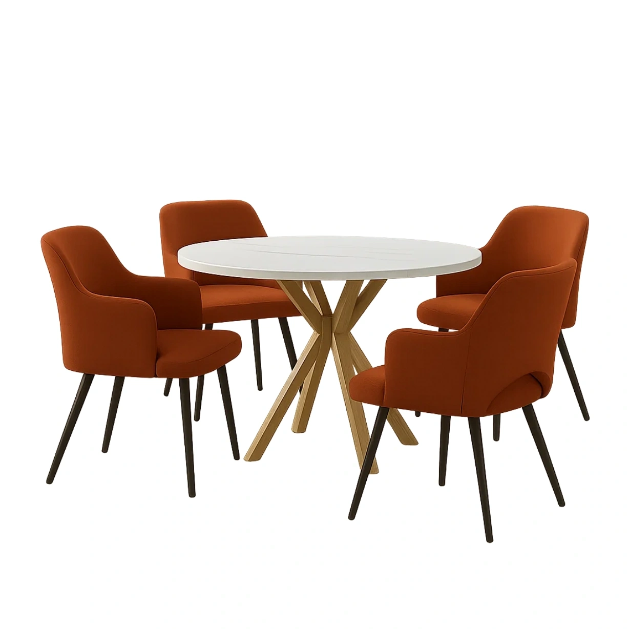 Ensemble de salle à manger pour 4 personnes, bois et tissu, blanc et orange brûlé, table ronde à piètement en croix, structure fixe, diamètre de la table 100 x 75 cm, chaises 55 x 58 x 85 cm, intérieur - OvbVBdAesGtM