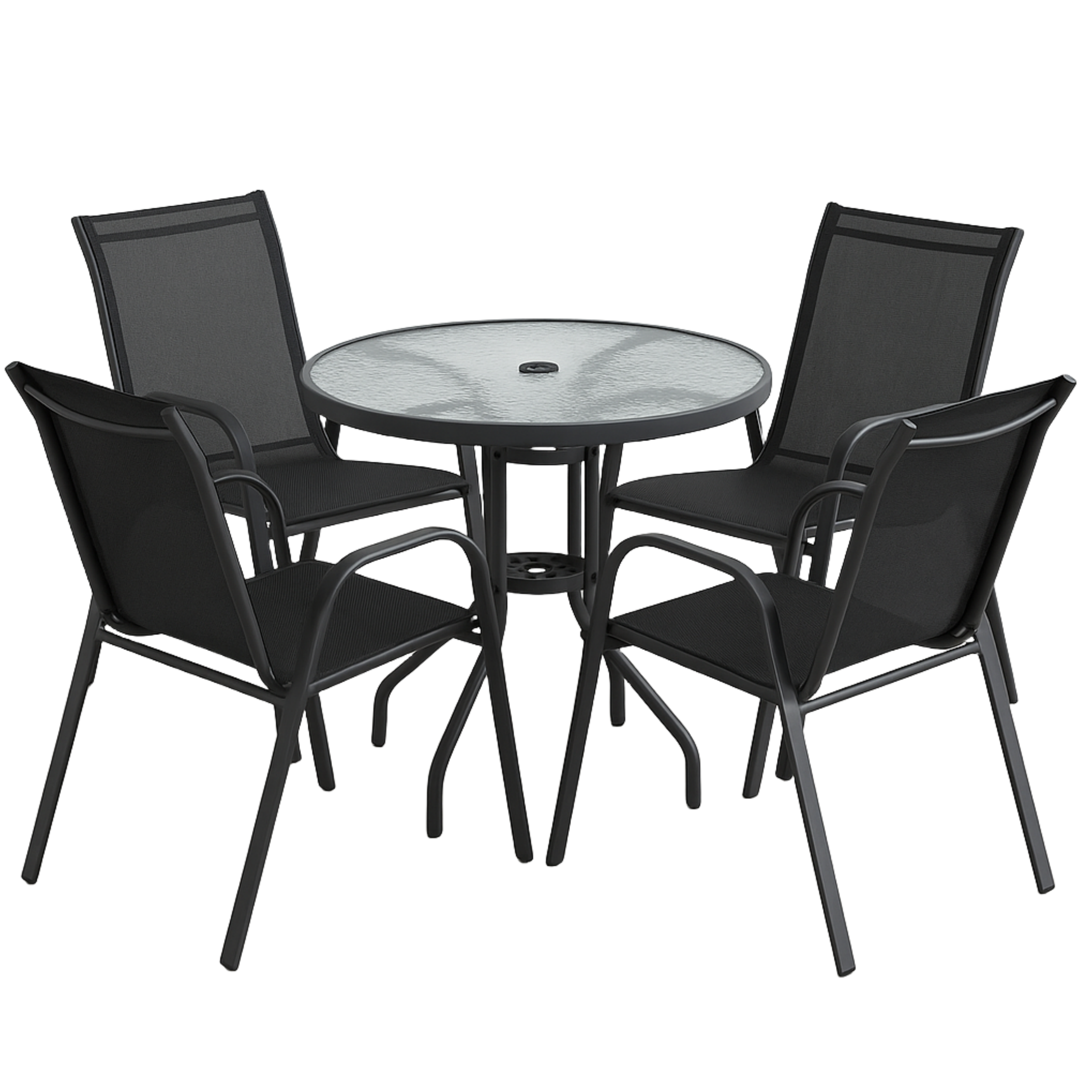 Ensemble de salle à manger d'extérieur 5 pièces en acier noir et verre pour jardin