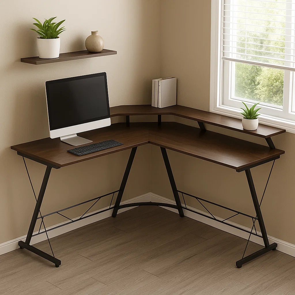 Bureau d'ordinateur en forme de L avec structure métallique et plateau en bois, 120 x 120 x 75 cm - iRyRqmM312bO