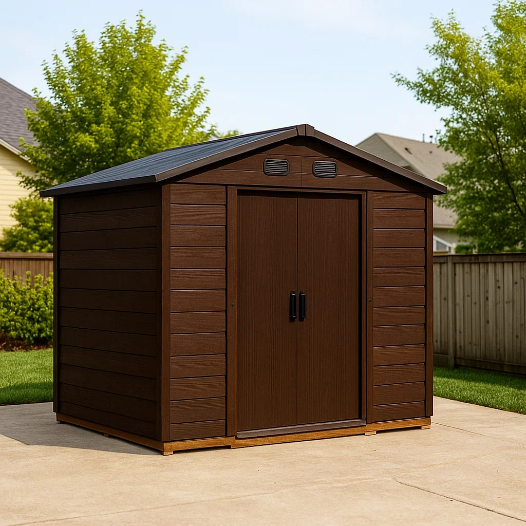 Abri de jardin rectangulaire en résine marron, à toit en pente, pour installation sur surfaces planes, 200 x 230 x 250 cm, usage extérieur - 16ijCl8Bmhfg