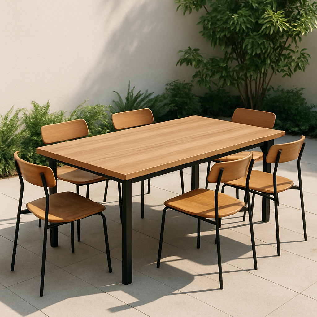 Table de bar de jardin avec chaises, bois et métal noir, extérieur, 180×90×75cm