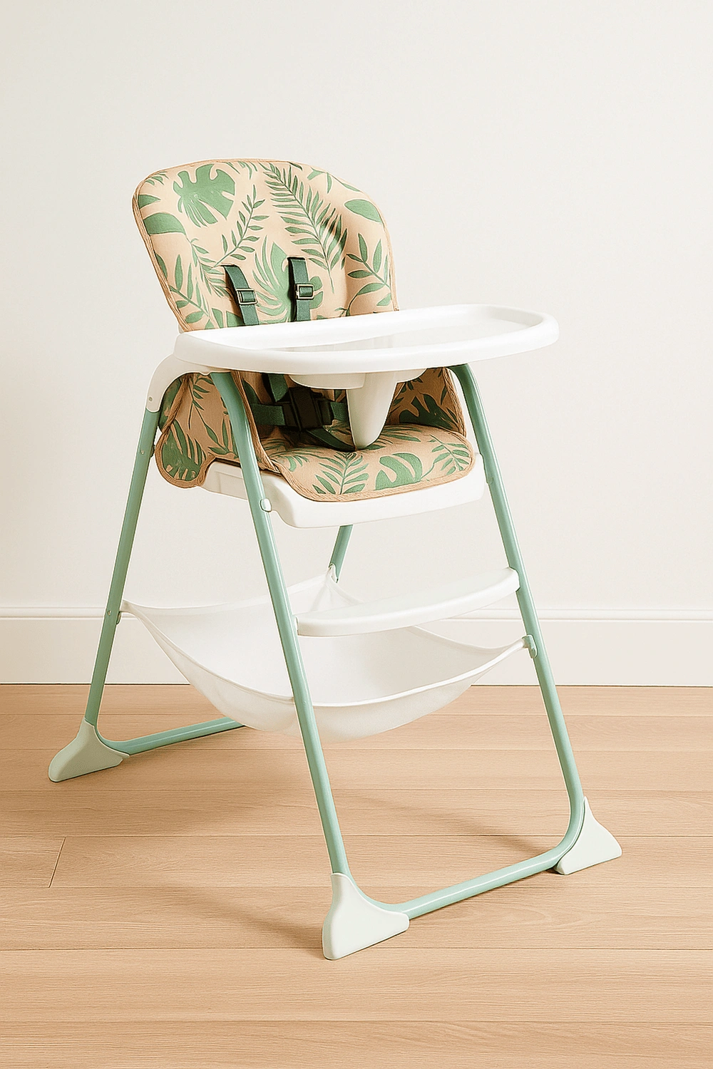 Chaise haute avec coussin imperméable et tablette amovible, jusqu'à 15 kg, harnais de sécurité 5 points, beige et vert, convient aux enfants de 6 à 36 mois.