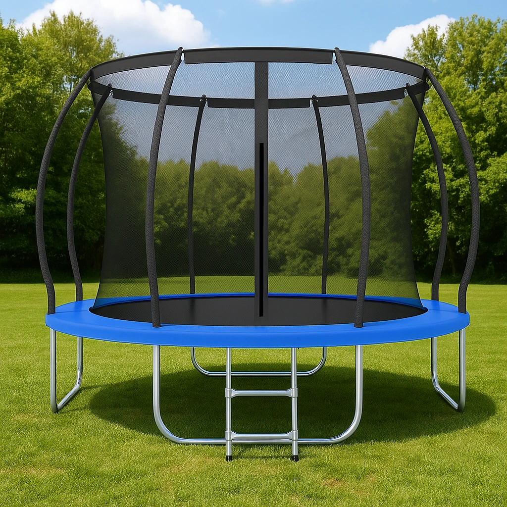Trampoline rond avec filet de sécurité et échelle, bleu, acier, pour jardin 3,5 x 3,5 x 2,2 m - jexFAgH102yO