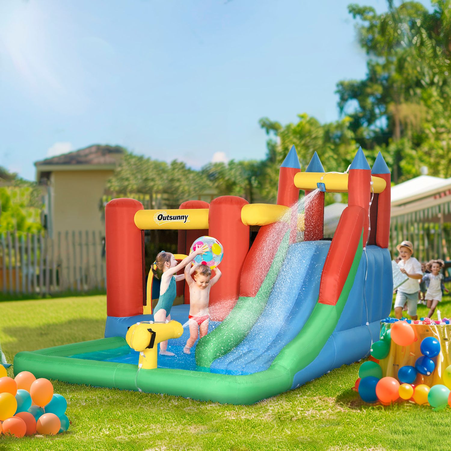 Aufblasbare Burg Outsunny mit Trampolin, Pool und Rutsche – Mehrfarbig