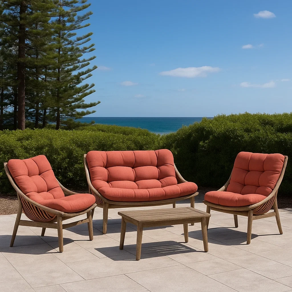 Salon de jardin 4 places en rotin synthétique marron avec coussins orange, structure fixe, table 90 x 50 x 42 cm, canapé 128 x 72 x 89 cm, fauteuils 64 x 72 x 89 cm, pour terrasse et extérieur.