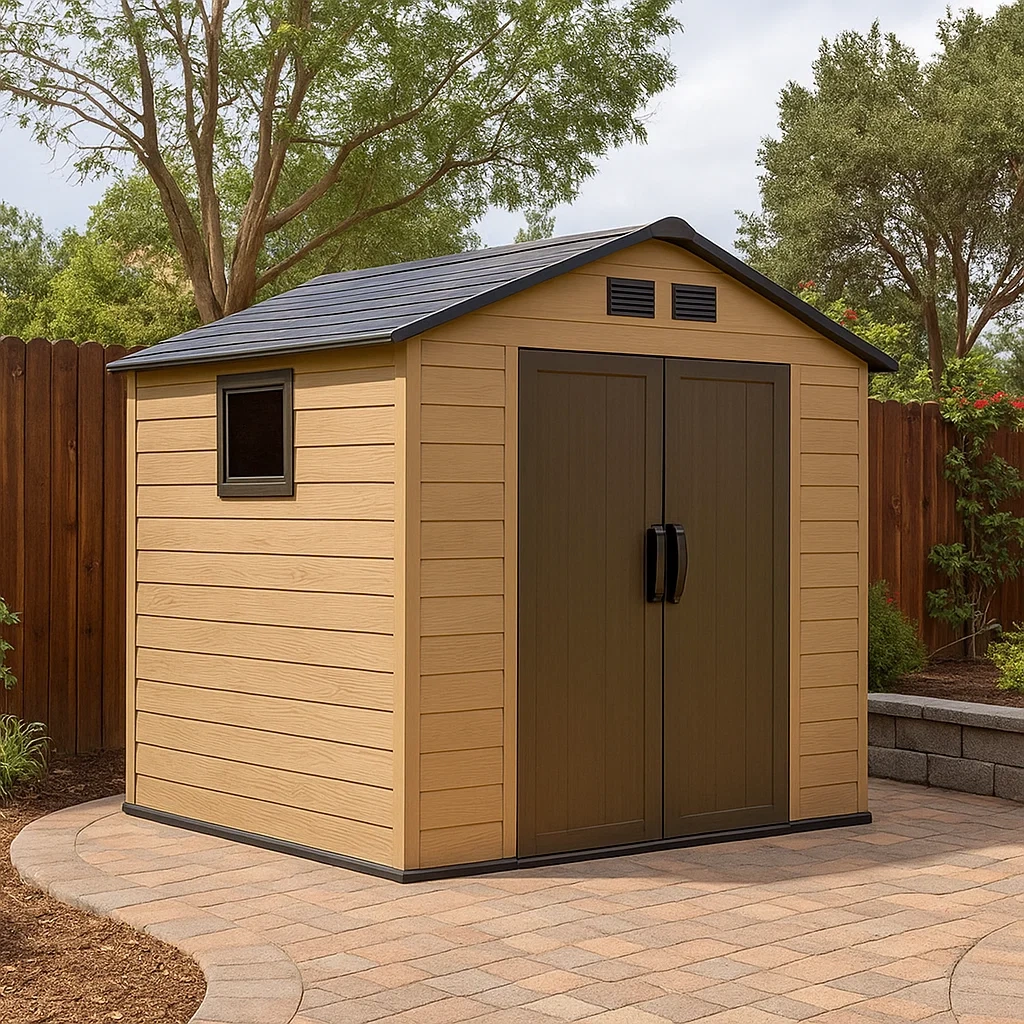 Abri de jardin rectangulaire avec fenêtre, en résine beige et marron, toit à deux pans, autoportant, 240 x 190 x 215 cm, pour jardin - UAlzyUlT1J5A