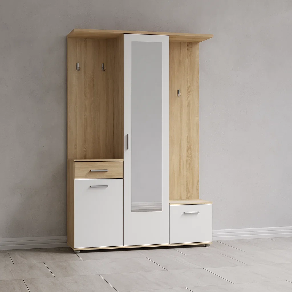 Meuble d'entrée en mélamine blanc et bois clair, 133,4 × 33,3 × 197,7 cm - DlEhT6eAKnV8