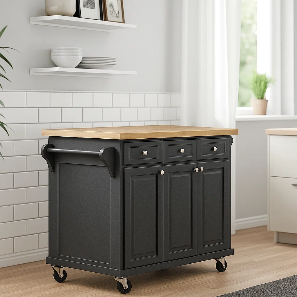 Îlot de cuisine rectangulaire avec tiroirs et portes, bois noir et naturel, sur roulettes, 130 x 70 x 90 cm, pour cuisines domestiques. - 3MBcGYcStAcE