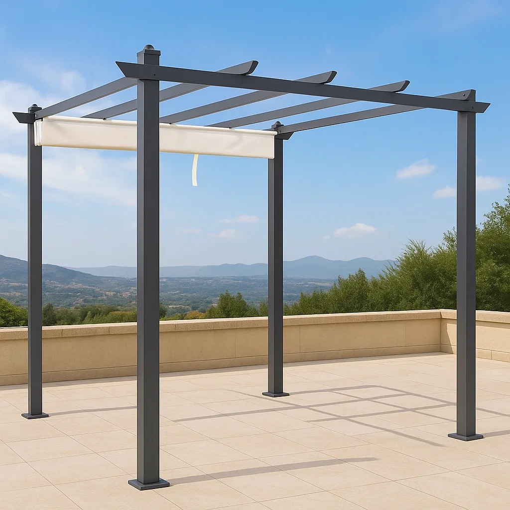 Pergola métallique avec store rétractable, structure en acier gris, toit ouvert avec store, installation extérieure, 3 x 3 x 2,5 m, pour patios et terrasses - SOJDcLsE1dbV