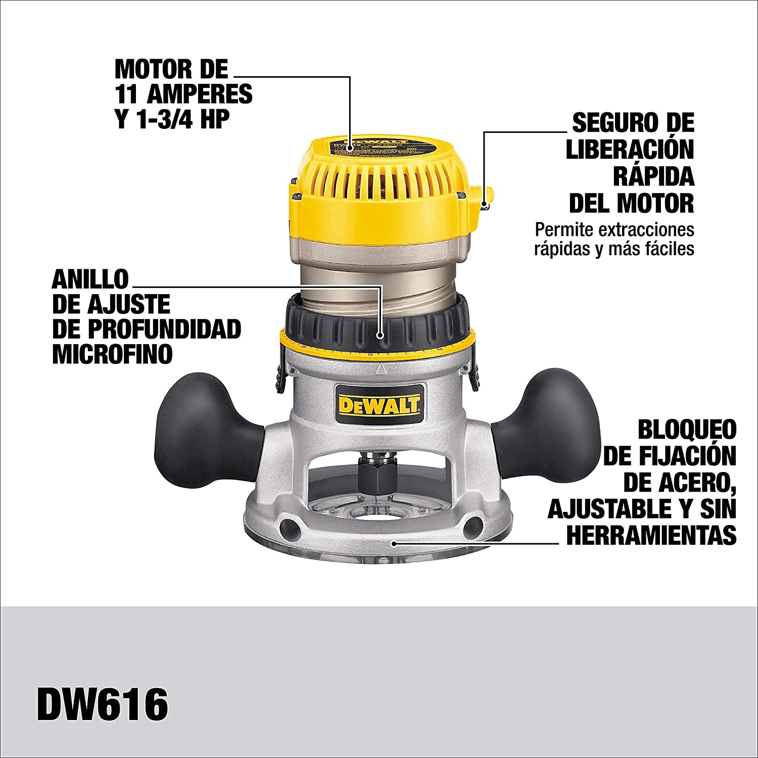 Dewalt DW616 Oberfräse mit fester Basis (Modelljahr 2025). 1-3/4 PS.