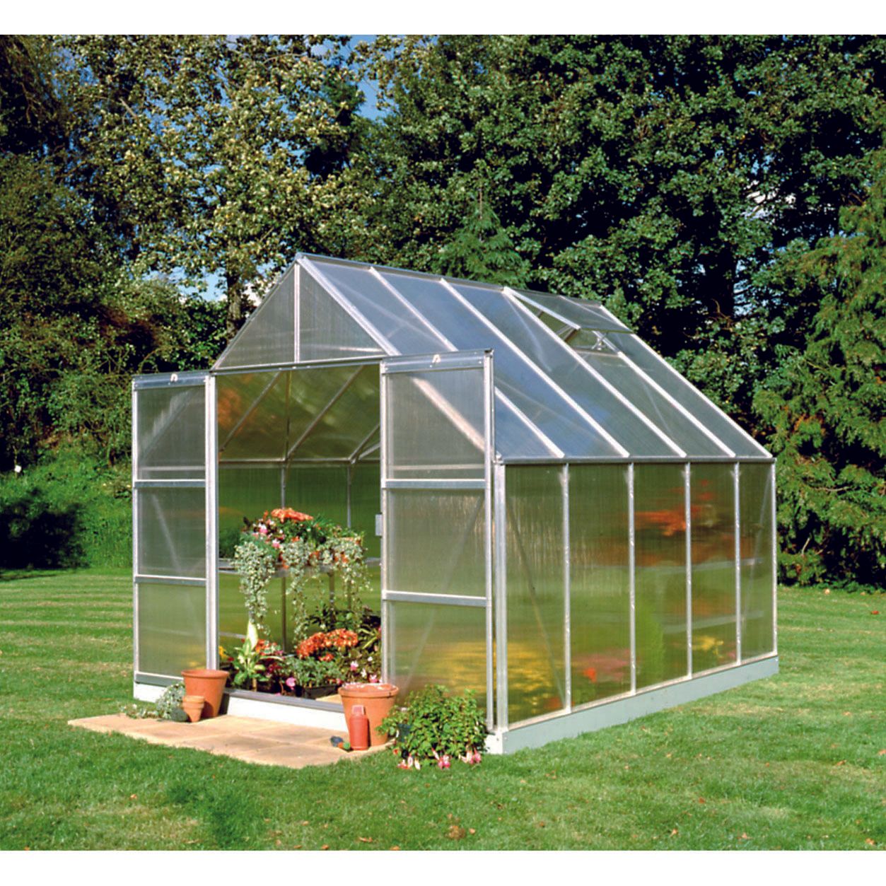 Halls 8,3 m² Gartengewächshaus aus Aluminium und 6 mm Polycarbonat + Sockel - 70917 + So1651