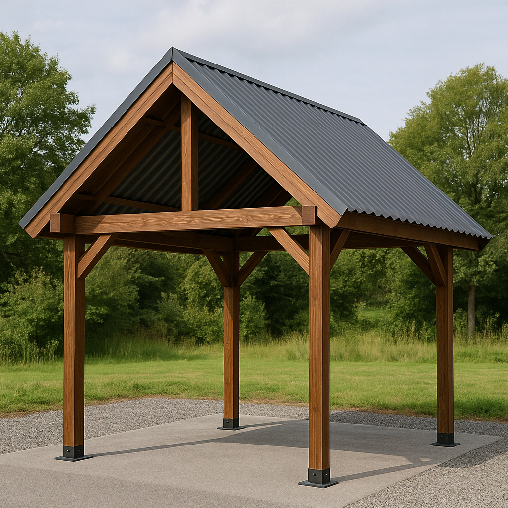 Abri de voiture avec structure en bois et toit en tôle métallique grise, pour une utilisation extérieure dans le jardin, 360 x 300 x 338 cm