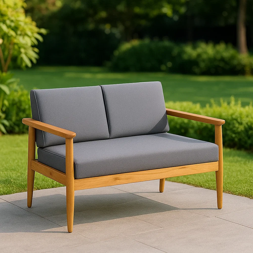 Canapé d'extérieur double, jaune, bois de teck et polyester, jardin, 134 x 62 x 65 cm