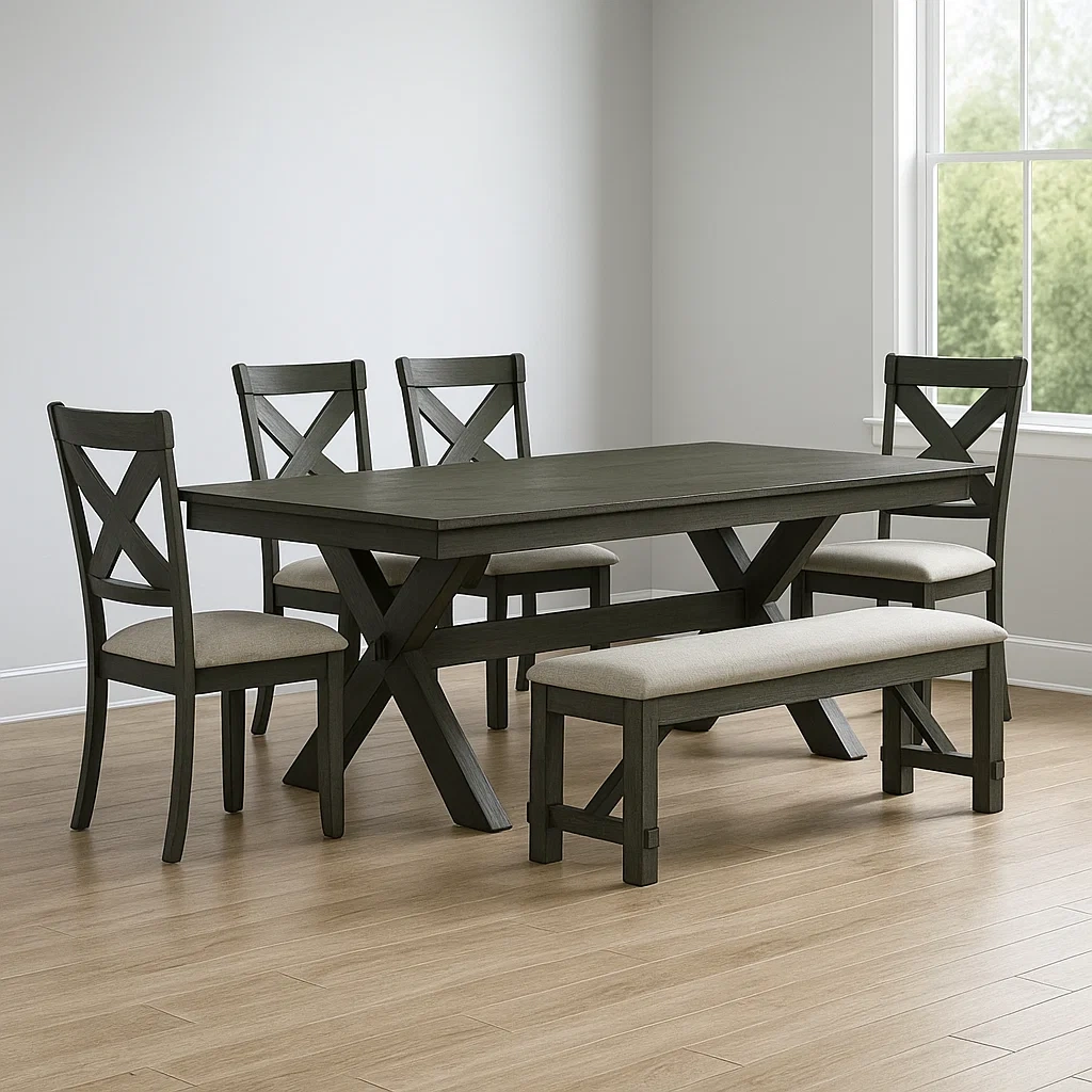 Ensemble table et chaises de salle à manger, comprenant une table et quatre chaises, ainsi qu'un banc, gris, en bois et rembourré, pour salle à manger