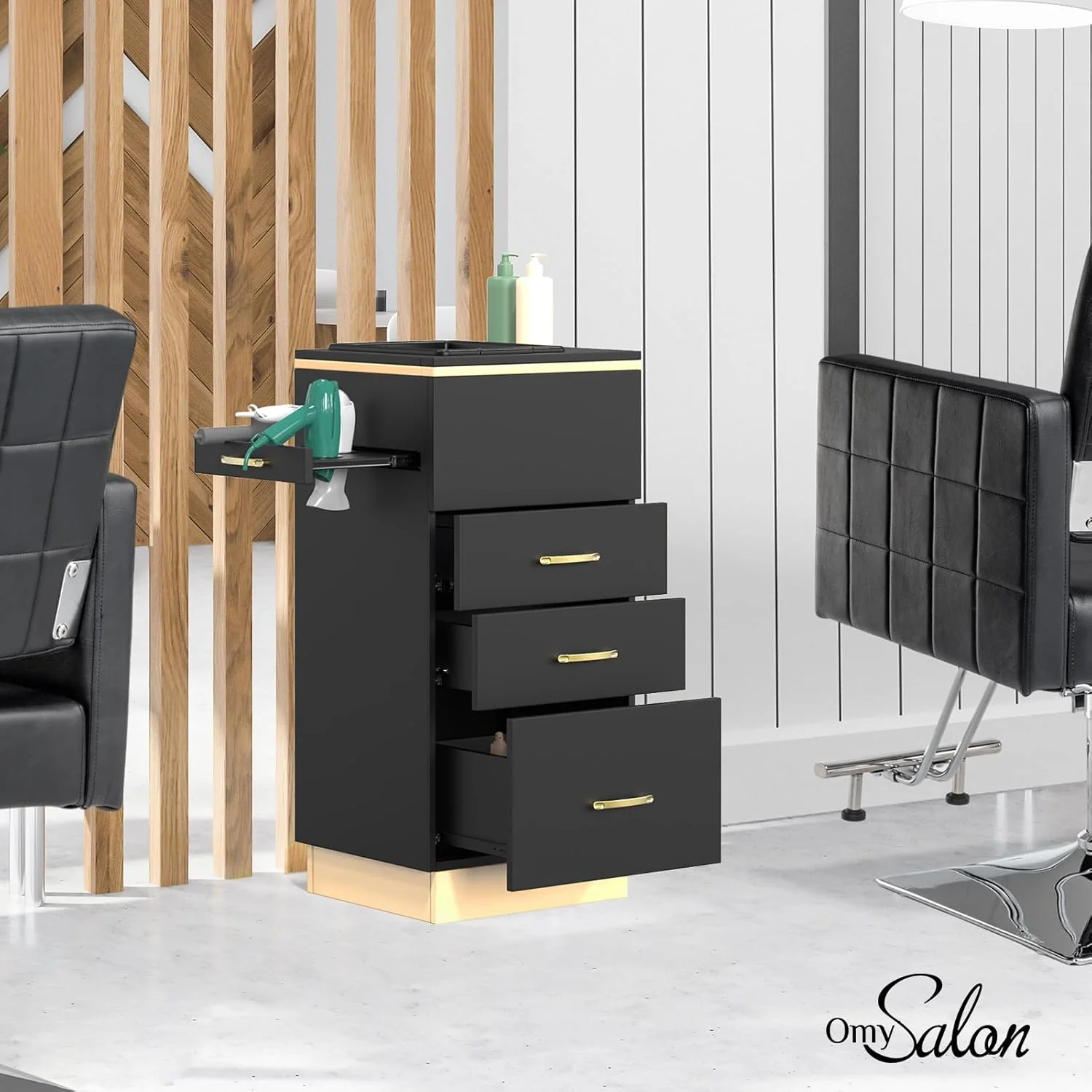 OmySalon Salon-Aufbewahrungseinheit – Friseurschrank mit 3 Schubladen, Ablagefach und 3 Haartrocknerhaltern – Weißgold