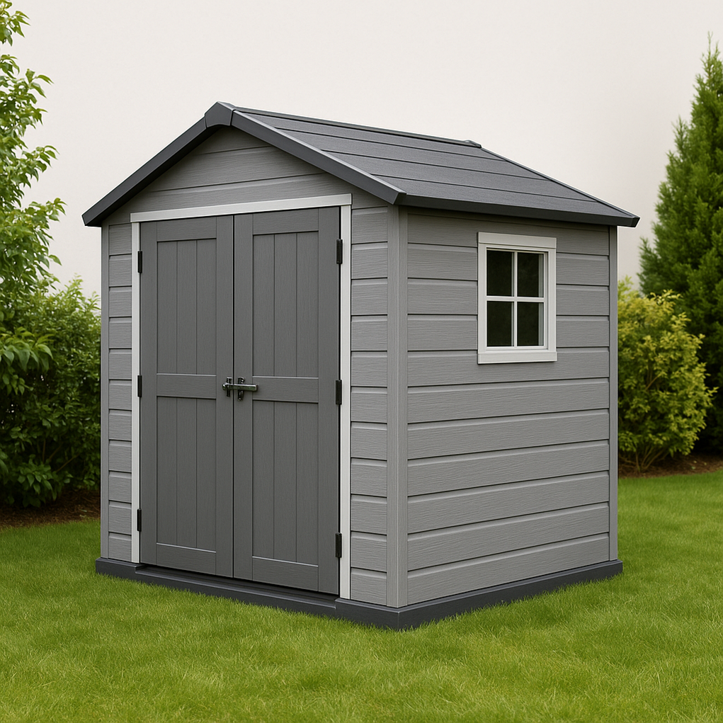 Abri de jardin en résine 230 x 230 x 235 cm, couleur grise skrtqPm400qr