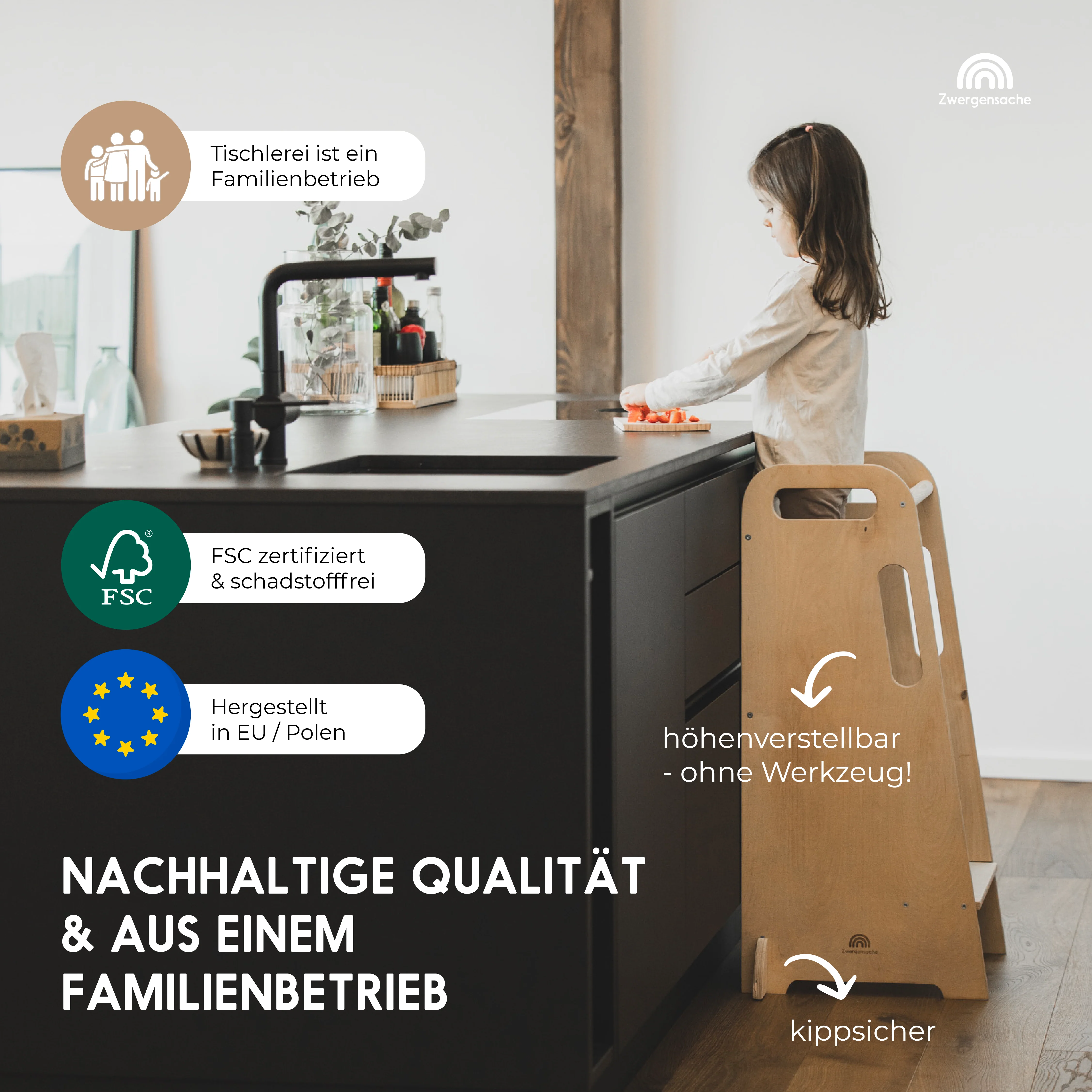 Lernturm aus Holz 2025. Höhenverstellbar. Stabil und sicher. Ab 12 Monaten.