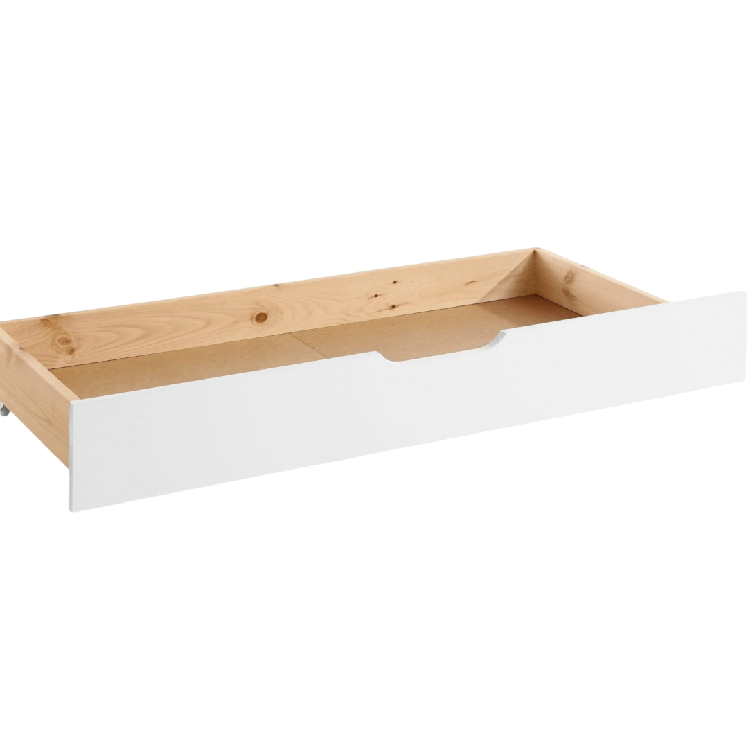 Auz Bettschublade aus weißem Kiefernholz, 130 cm lang =