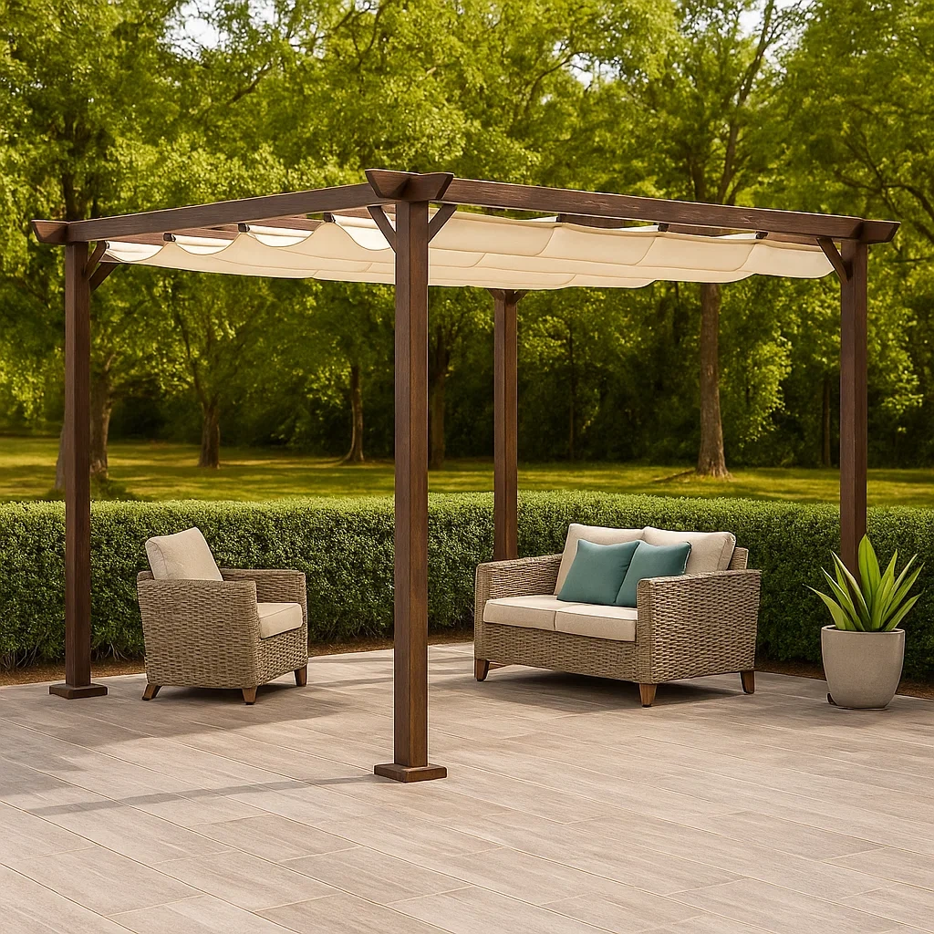 Pergola en bois avec store rétractable, structure en bois brun, toit en toile, installation autoportante, 3 x 2,5 x 2,6 m, pour terrasses et jardins - O6bfteeX9Wgc