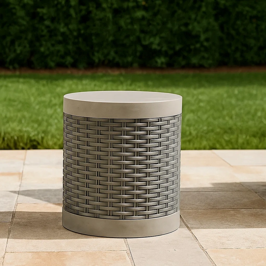 Table d'appoint d'extérieur, grise, en béton et résine tissée, pour jardin, diamètre 40 cm x hauteur 47 cm