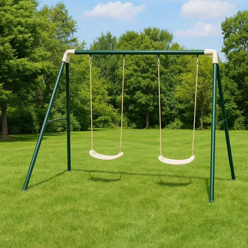 Doppelschaukel grün mit Kunststoffsitz, Stahlgestell, geeignet für den Garten, 2 x 1,5 x 1,8 m - mUxGauK193EW