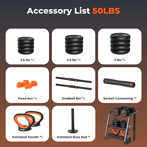 FEIERDUN Verstellbare Hanteln (Modelljahr 2025). 50-Pfund-Hantelset mit Verbindungsstange. 4-in-1-Set.