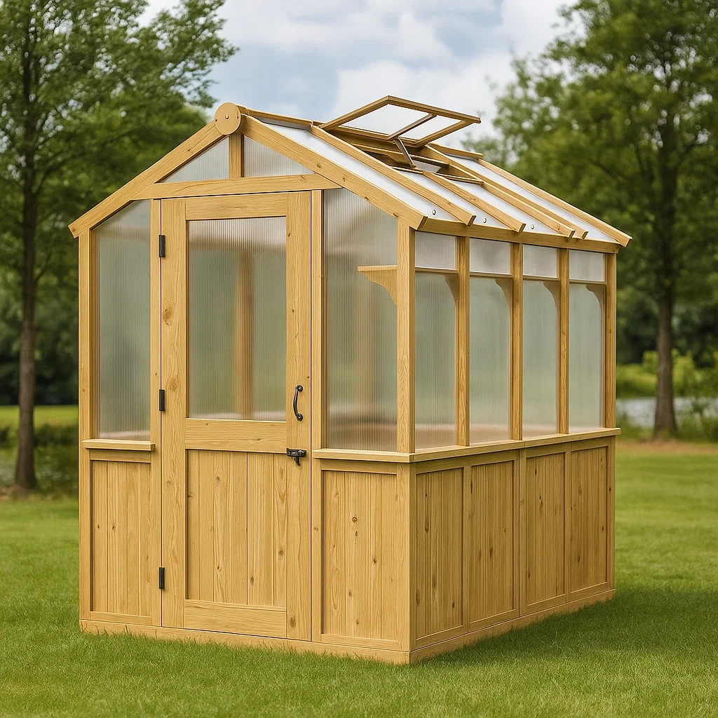 Serre de jardin, couleur bois clair, structure en bois avec panneaux en polycarbonate, pour usage extérieur, 150 x 180 x 220 cm