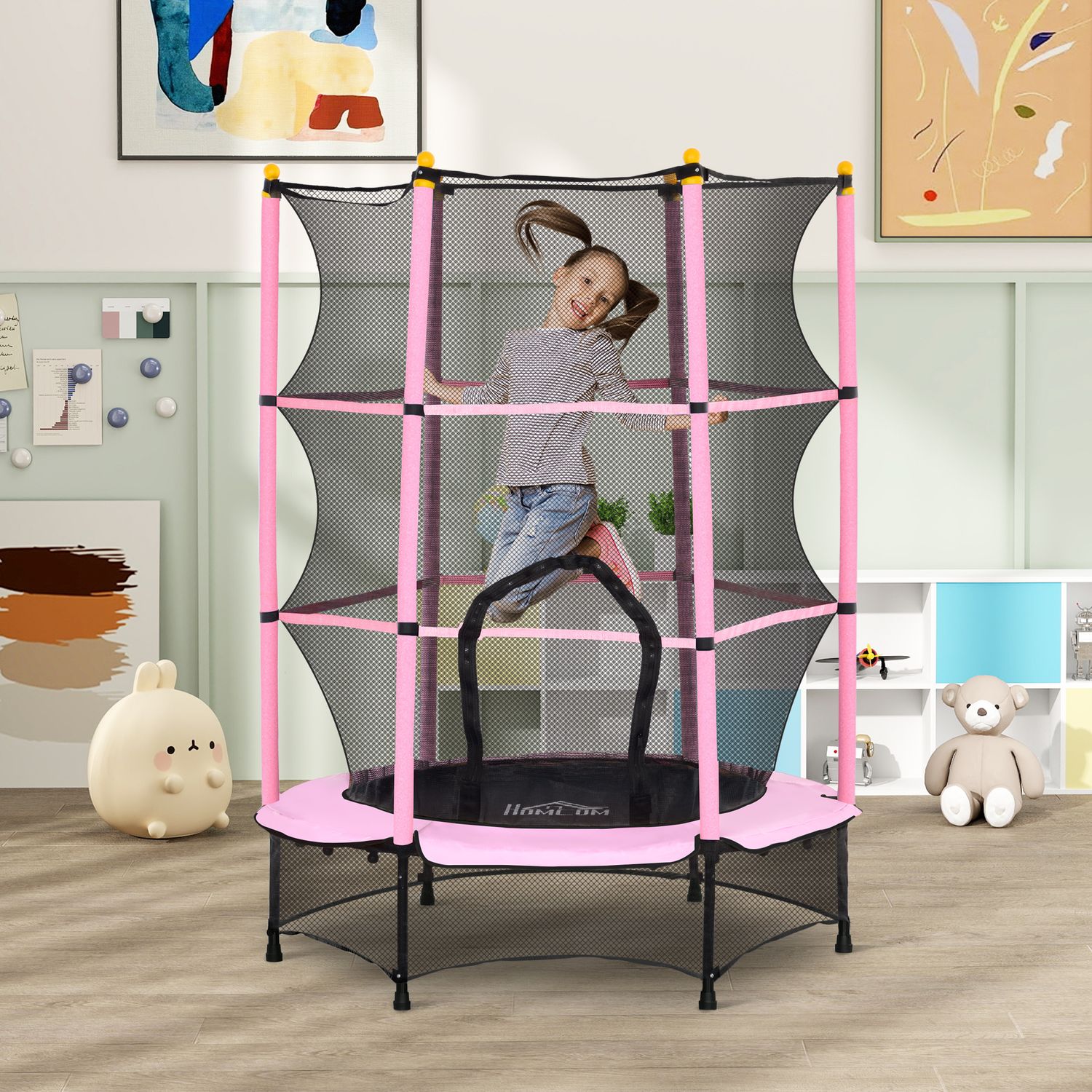 Homcom Kindertrampolin Ø140 cm mit Sicherheitsnetz, Rosa